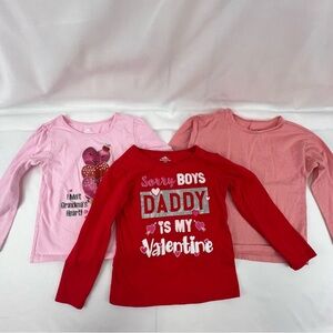 Girl's Long Sleeve Shirts - 3 Pack - 4T - Valentine's - Hearts - Red, Pink